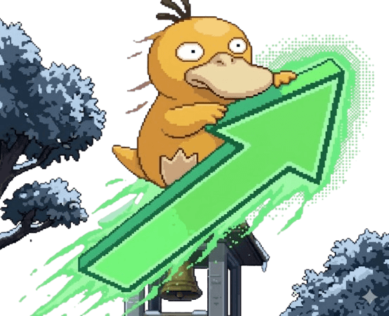 Psyduck riding an upward market arrow